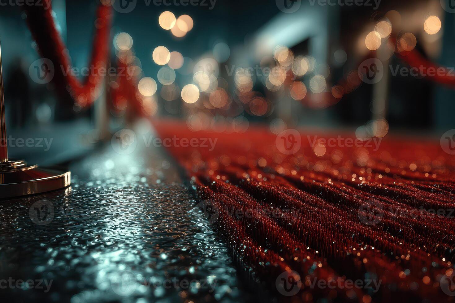 Lush red carpet setting with glistening surface at night event venue in urban atmosphere photo