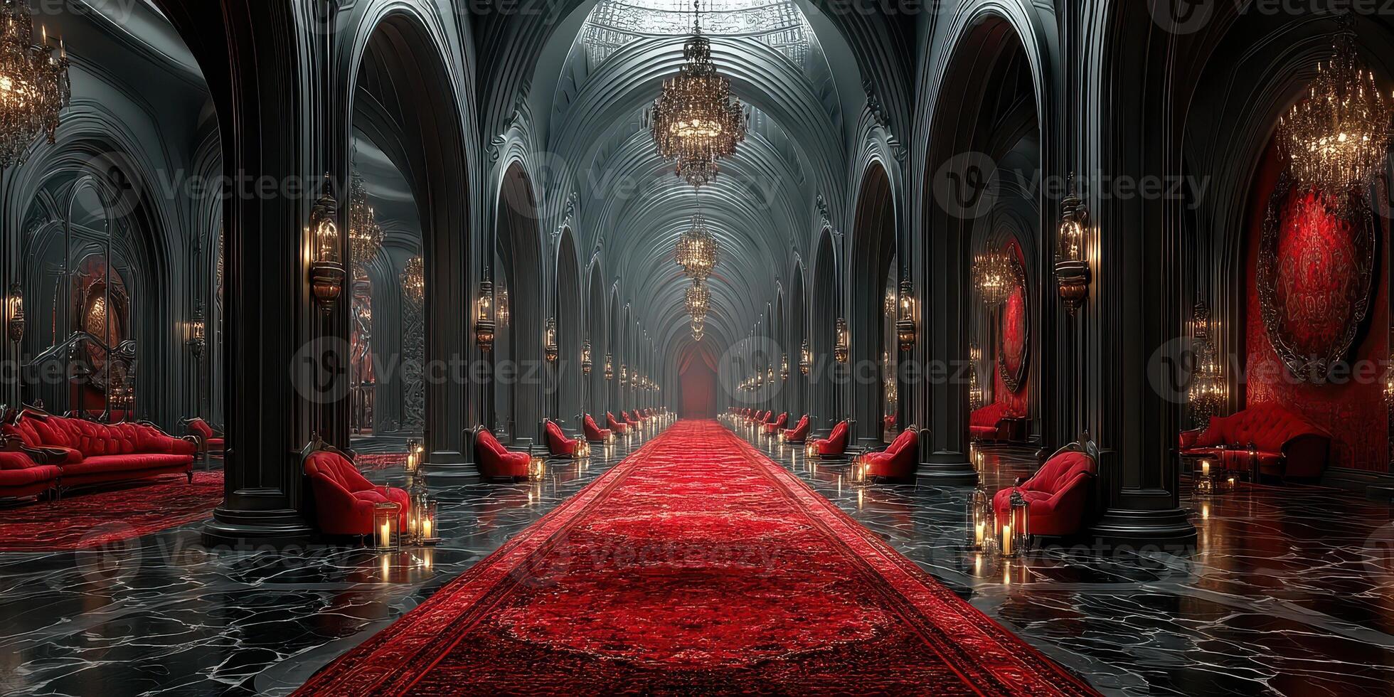 Elegant red-themed hallway with ornate chandeliers and luxurious furnishings in a grand gothic setting during twilight photo