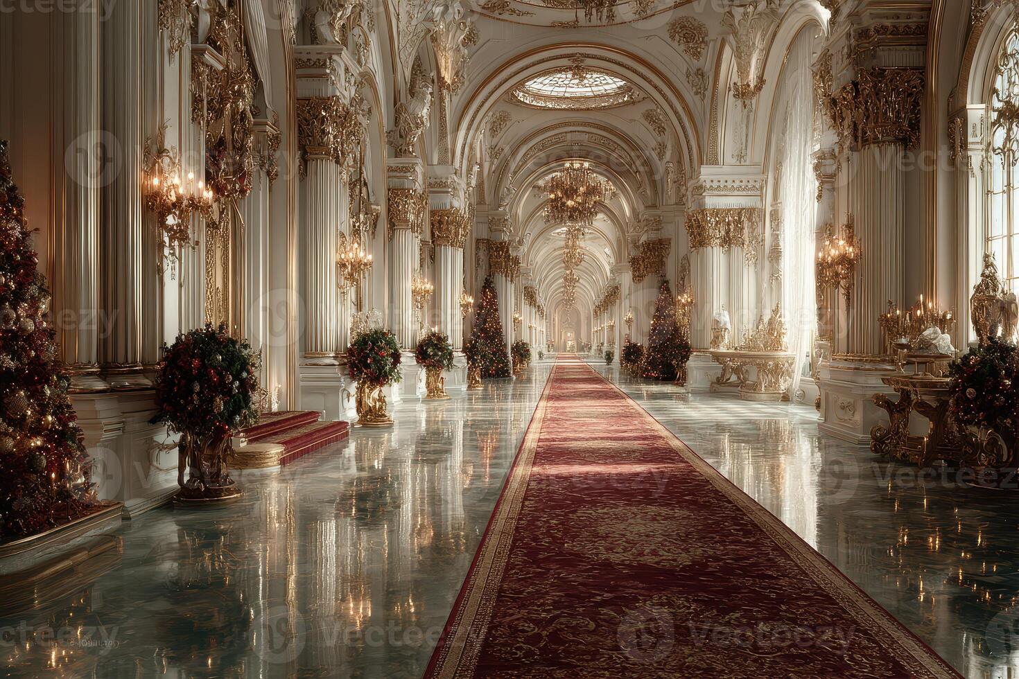 Elegant and opulent interior of a grand hall decorated for the holiday season in a historic palace photo