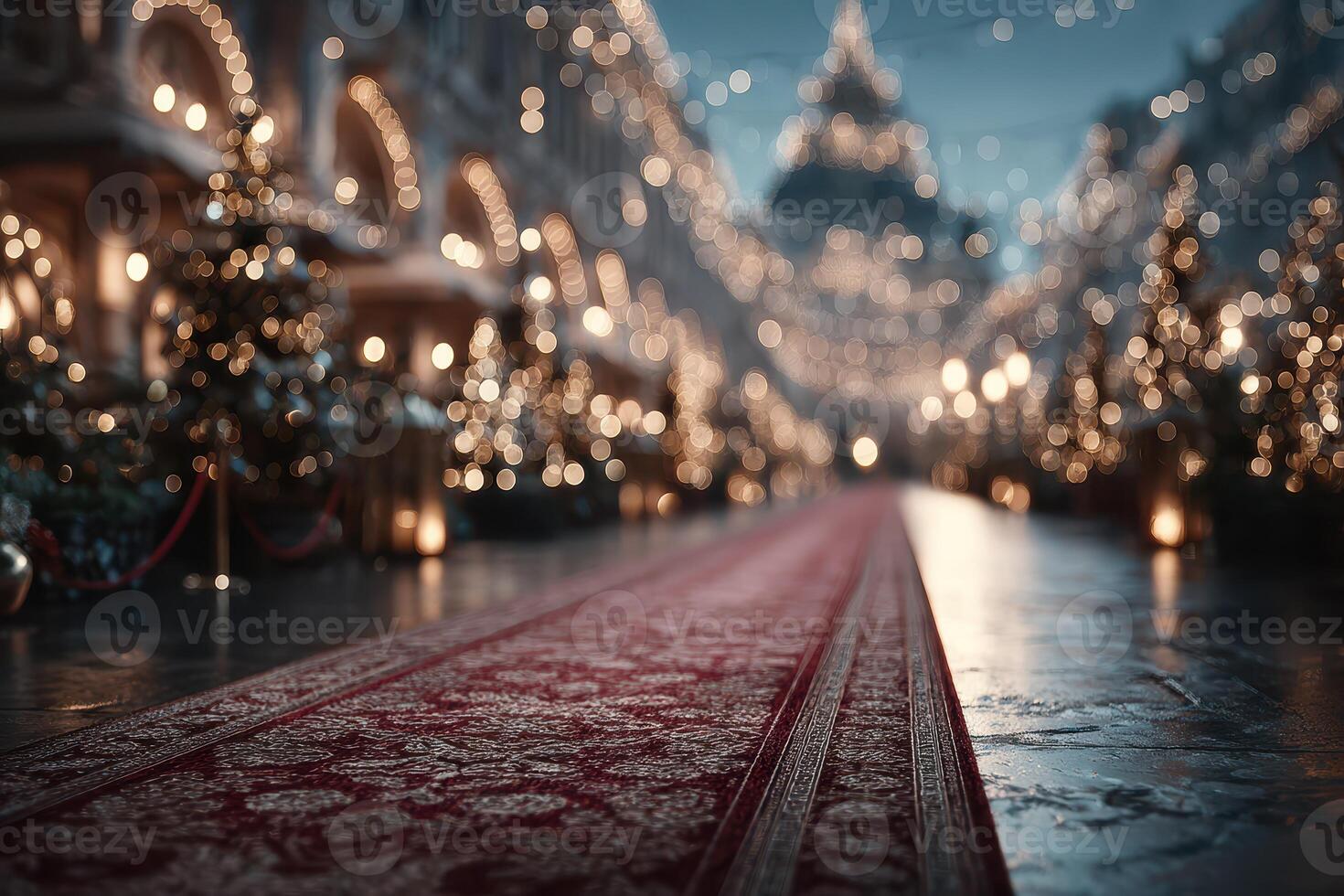 Elegant holiday walkway adorned with festive lights and decorations in a charming market setting during the evening hours photo