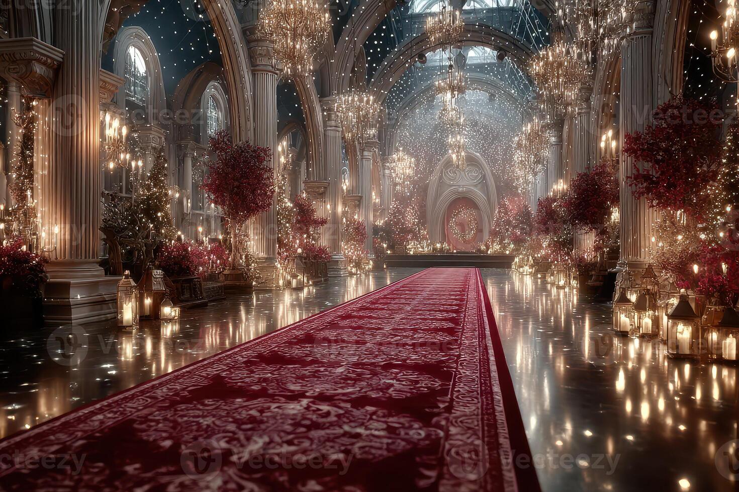 Elegant ballroom decorated with chandeliers and floral arrangements for a grand event in a historic setting photo
