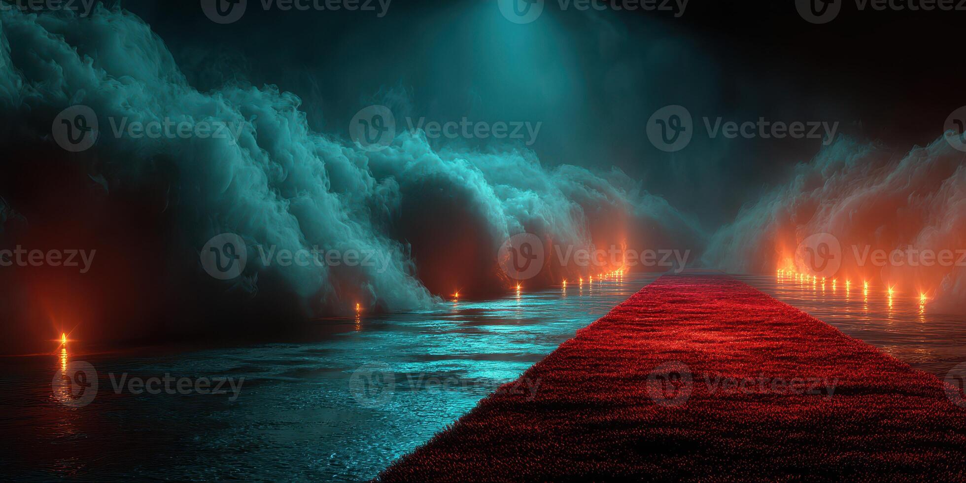 Vibrant red carpet leads into a mystical atmosphere filled with smoke and colorful lights at an evening event photo
