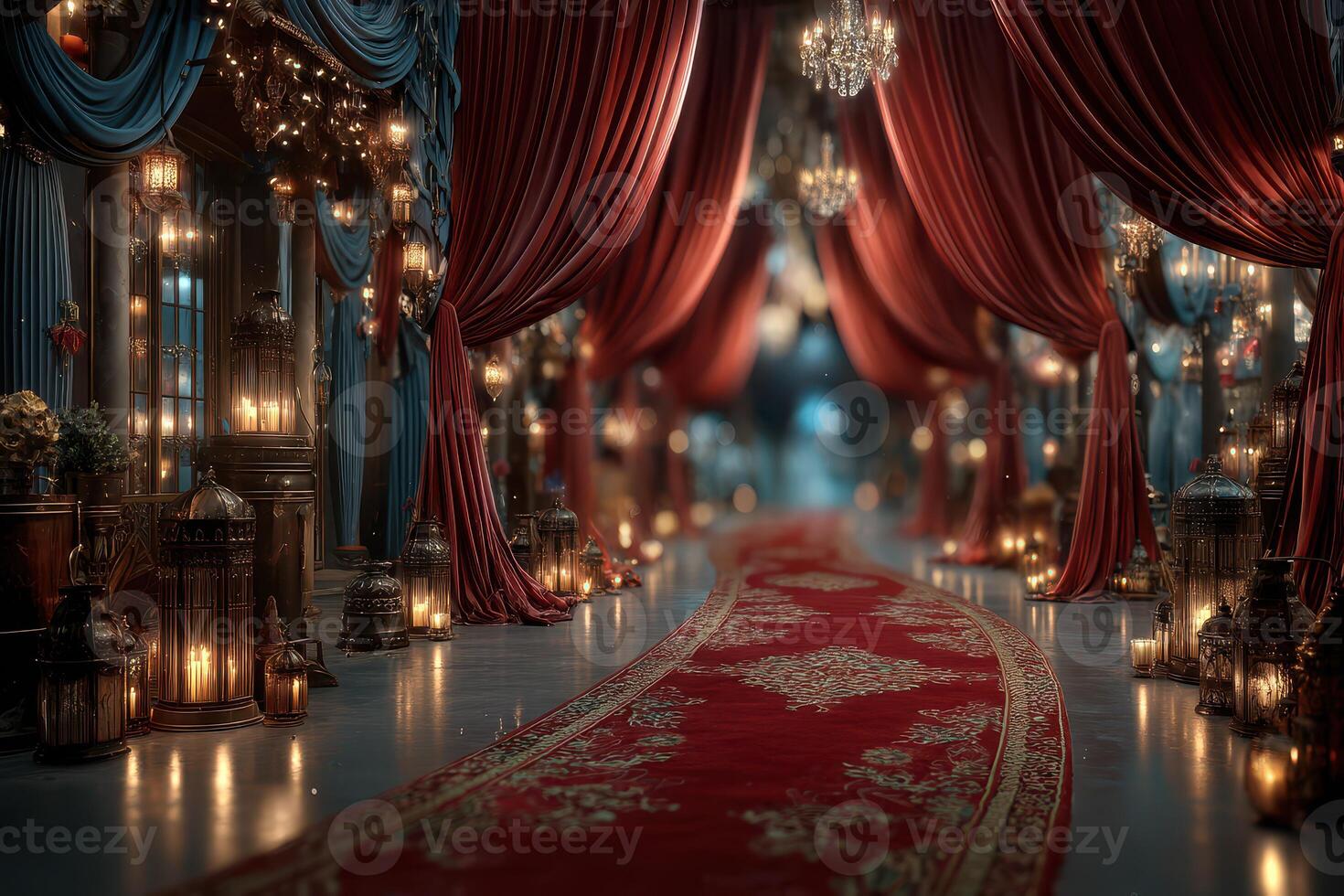 Elegant hallway adorned with red carpets and ornate lanterns in a luxurious setting photo