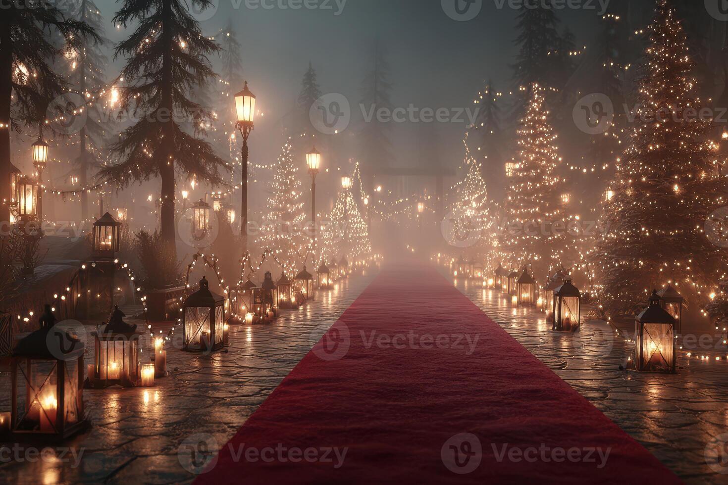 Magical winter pathway lined with twinkling lights and festive decorations during a nighttime celebration photo