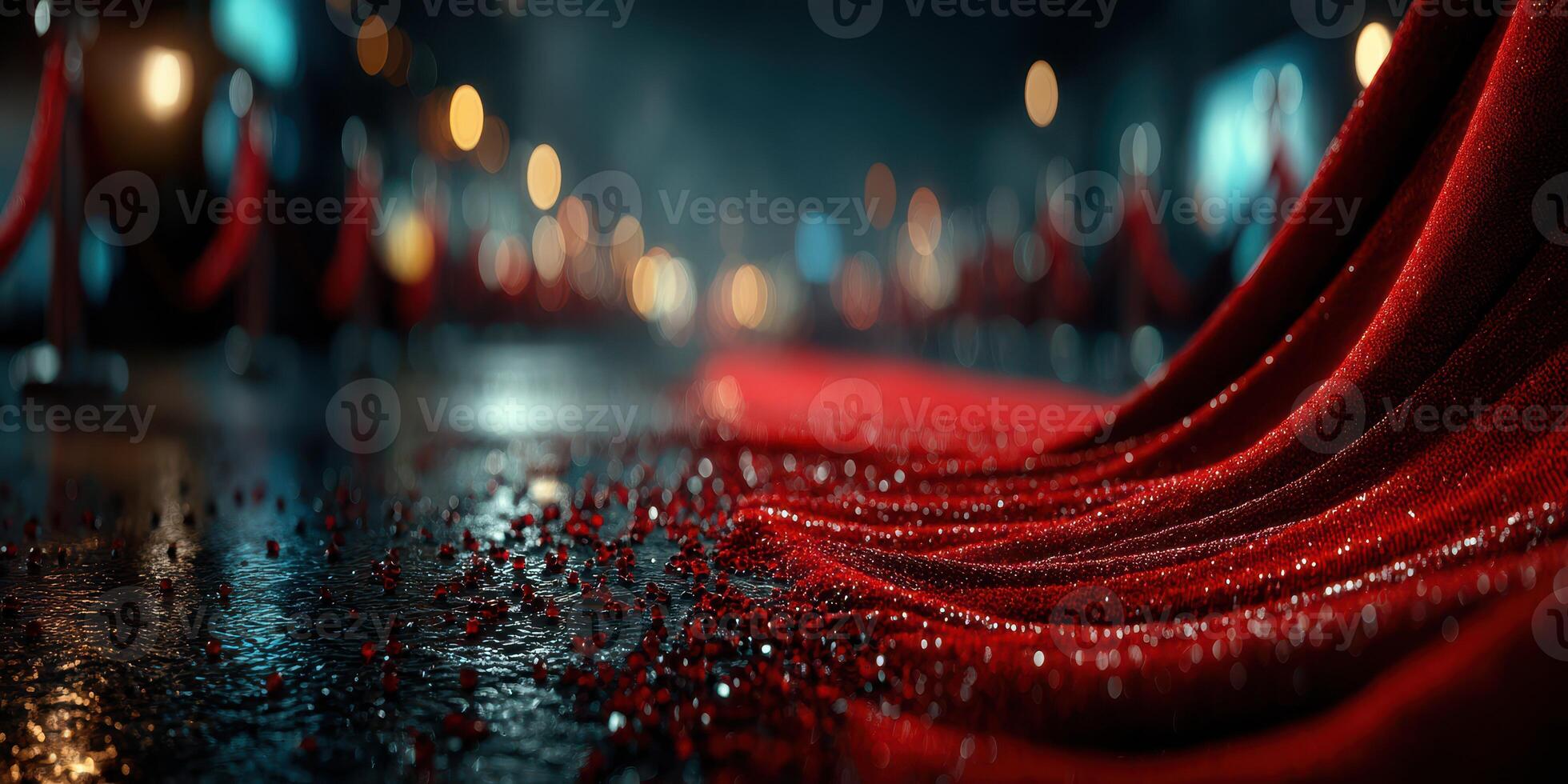 Elegant red carpet leading to a glamorous event at night with colorful lights and reflections photo