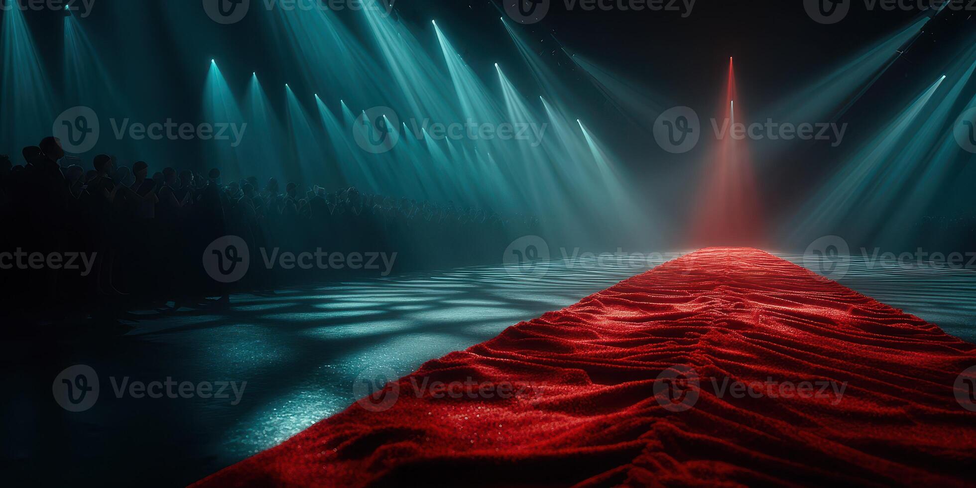 Dramatic runway illuminated by blue and red lights during a fashion event showcasing innovative designs photo