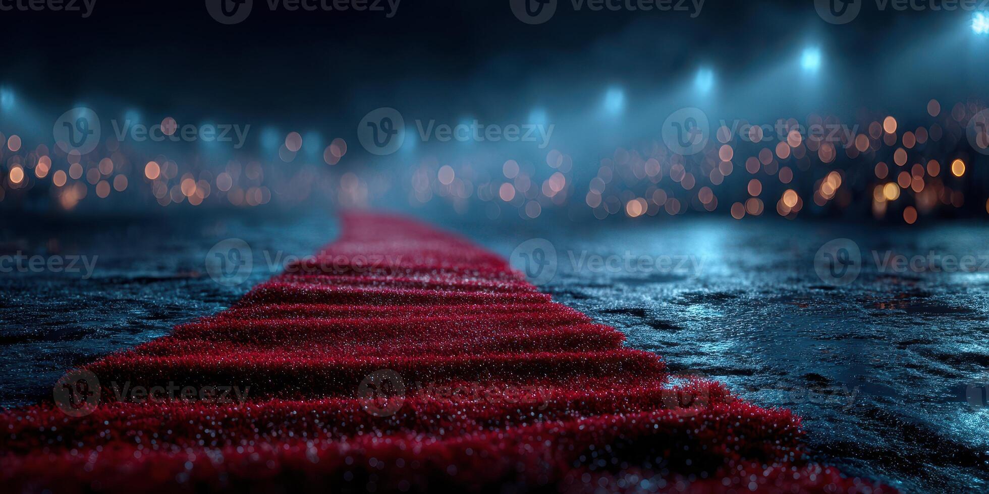 Red carpet leading to an illuminated venue with blurred crowd in the background during an evening event photo