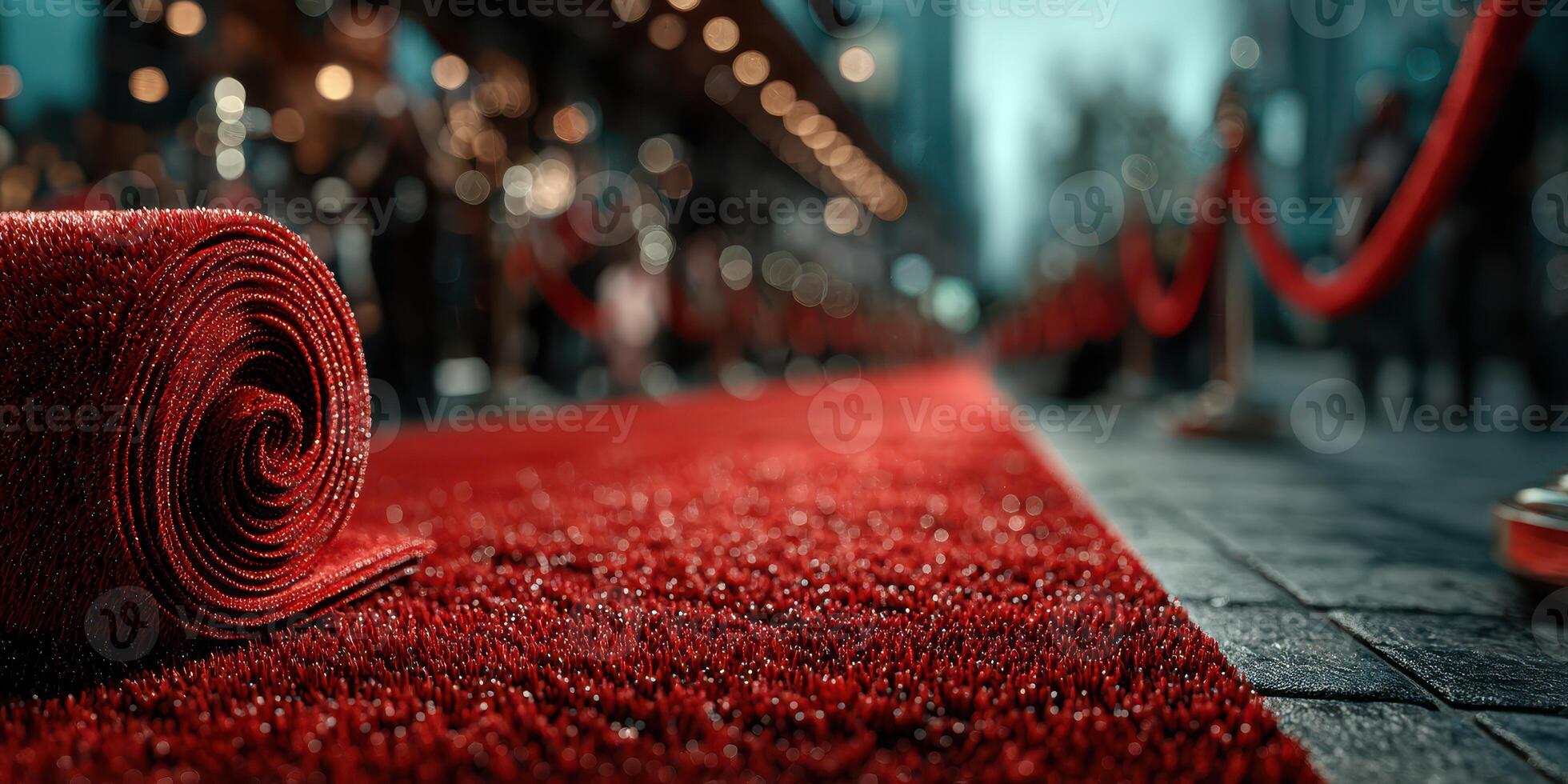 Red carpet event with elegant lighting and decorations in a vibrant urban setting during nighttime photo