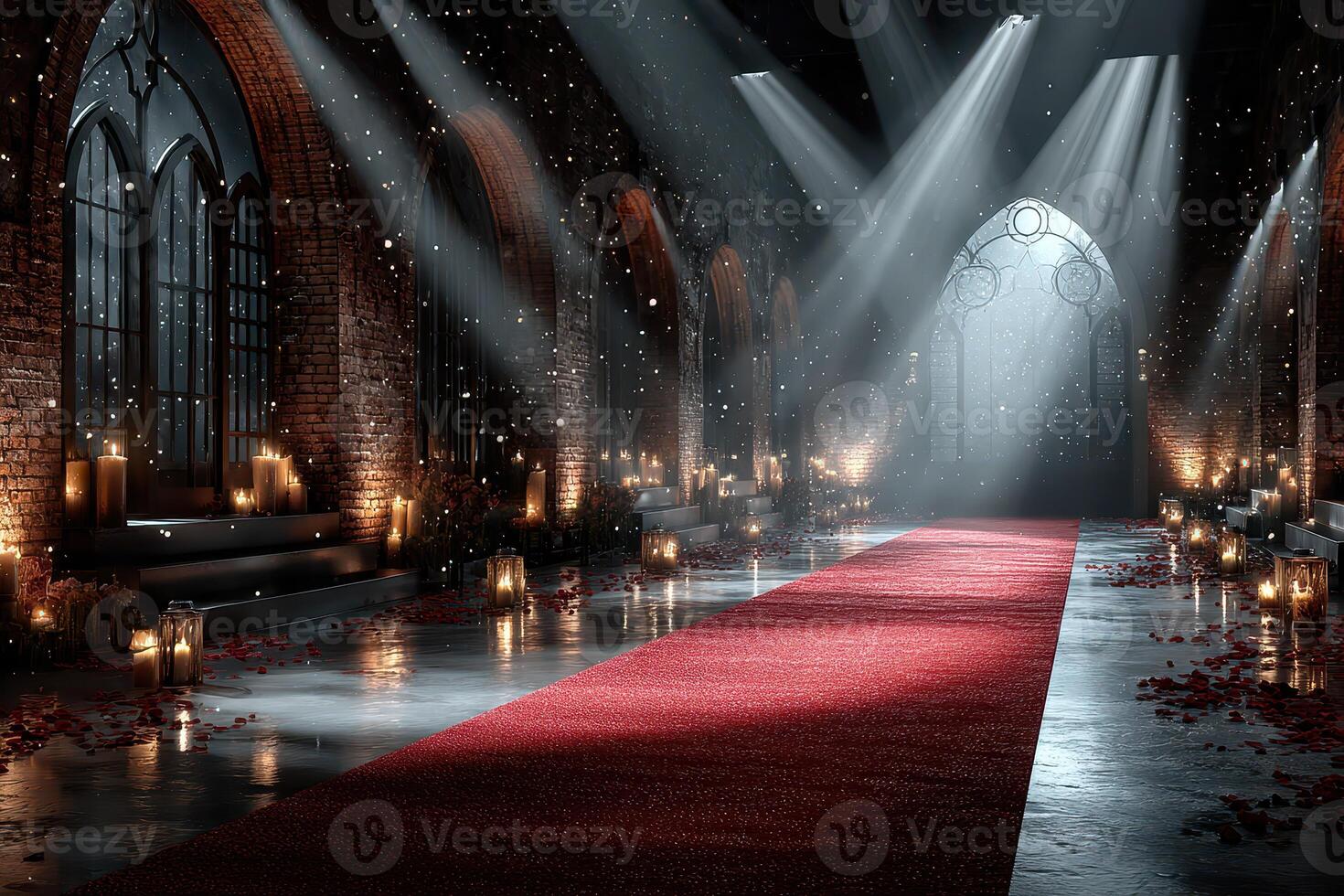 Elegant wedding ceremony inside a grand hall with illuminated red carpet and soft lighting photo
