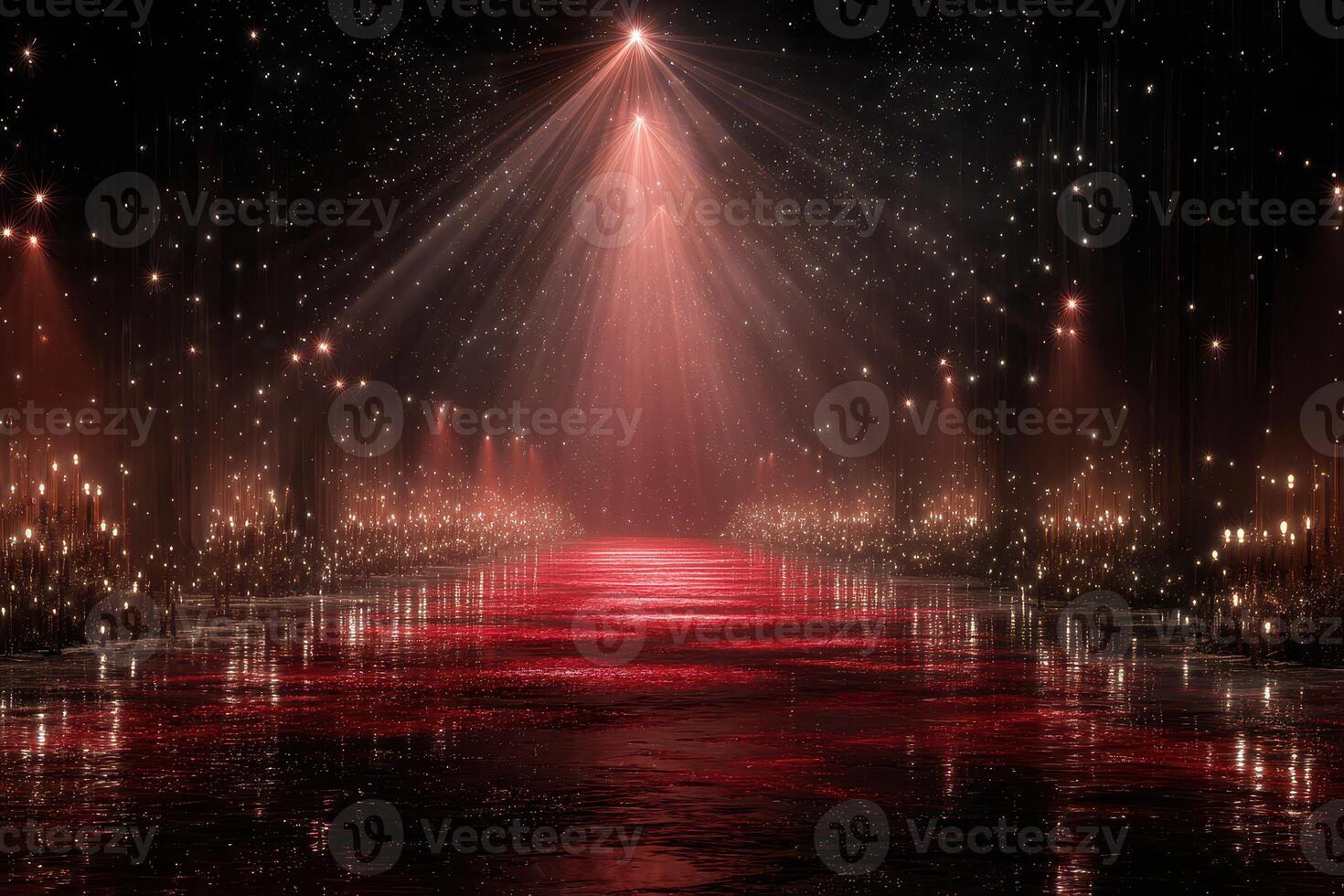 Stunning display of lights reflecting on water with a vibrant red glow during a night event photo