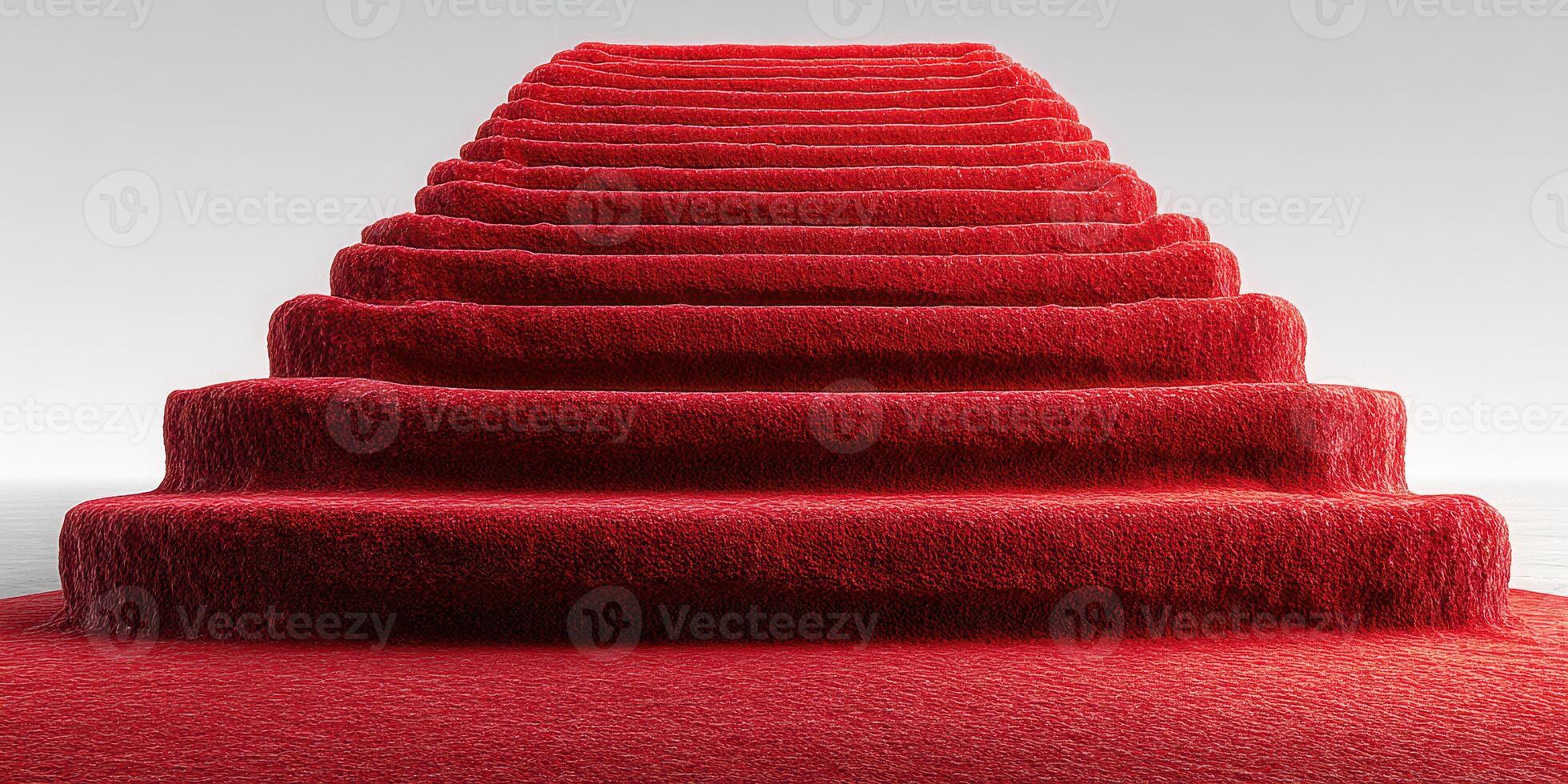 Unique red carpet staircase leads to a stunning minimalist space with a calm atmosphere and soft lighting photo