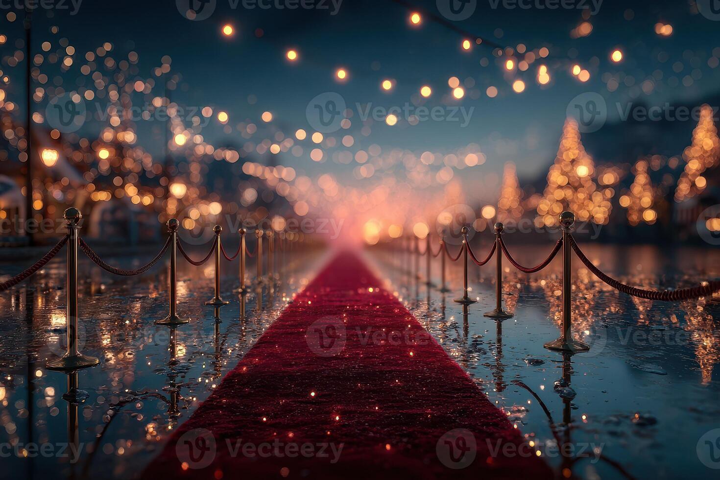 Festive night with red carpet and twinkling lights in a charming winter setting by the waterfront photo