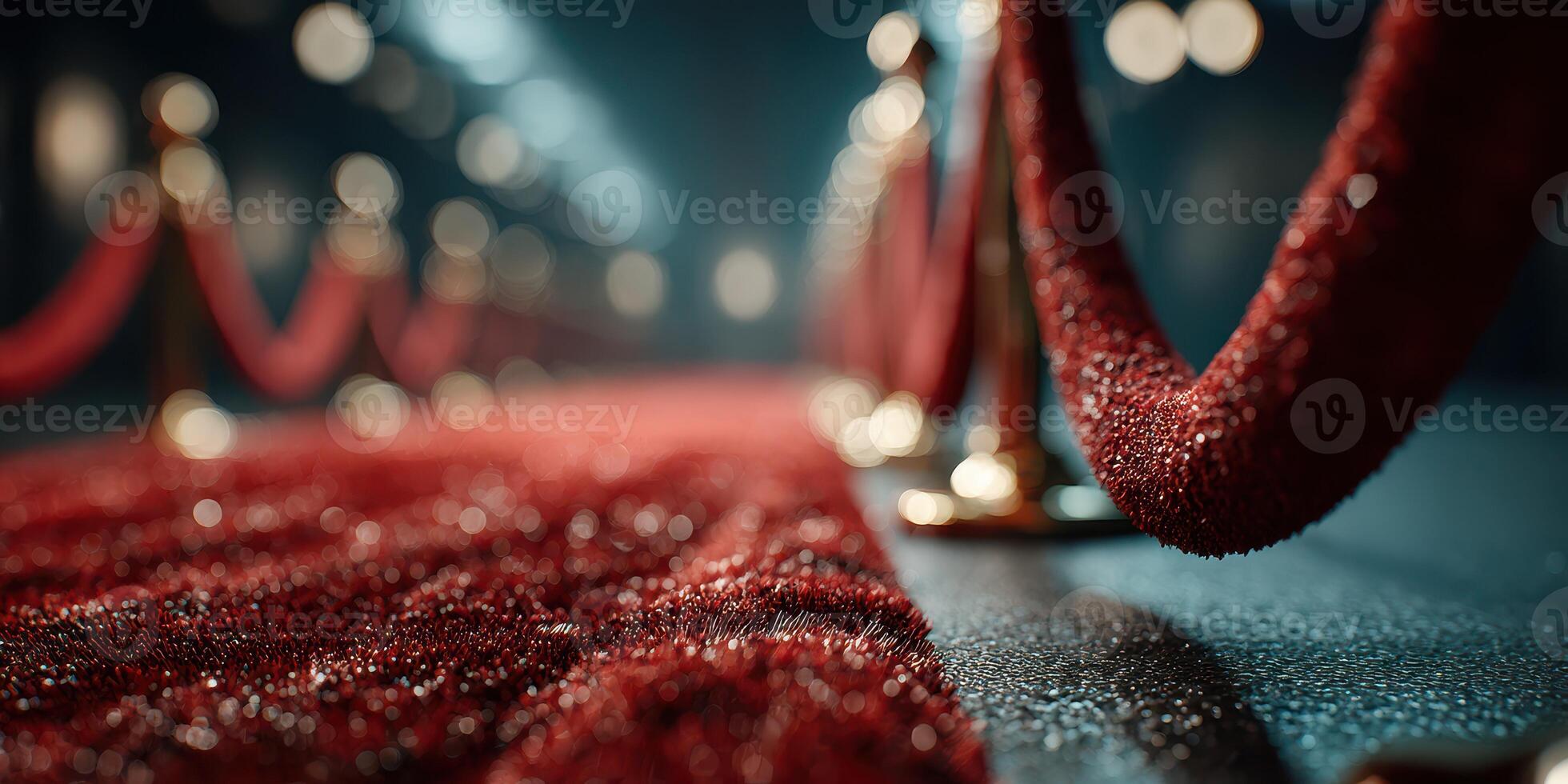 Luxurious red carpet lined with velvet ropes welcomes guests to a glamorous event at a grand venue photo