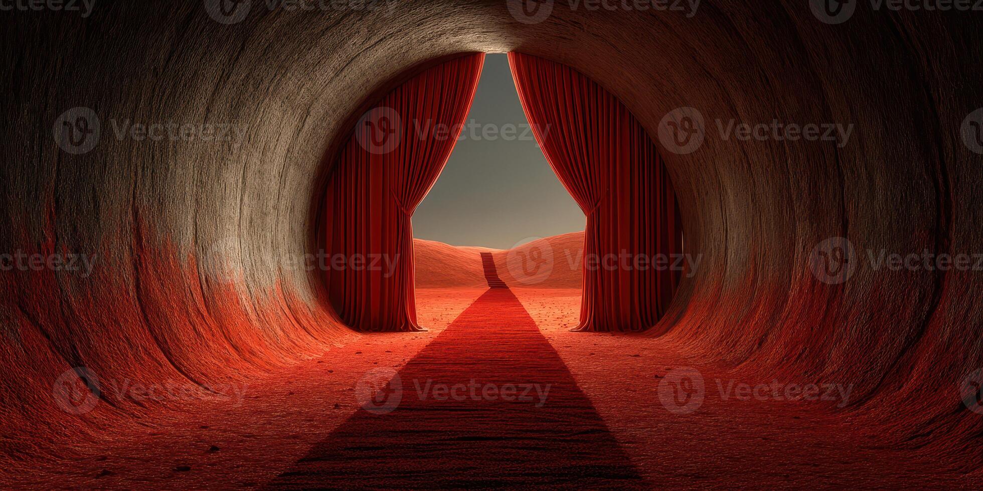 Mysterious corridor with red curtains and sandy path leading into a surreal landscape at dusk photo