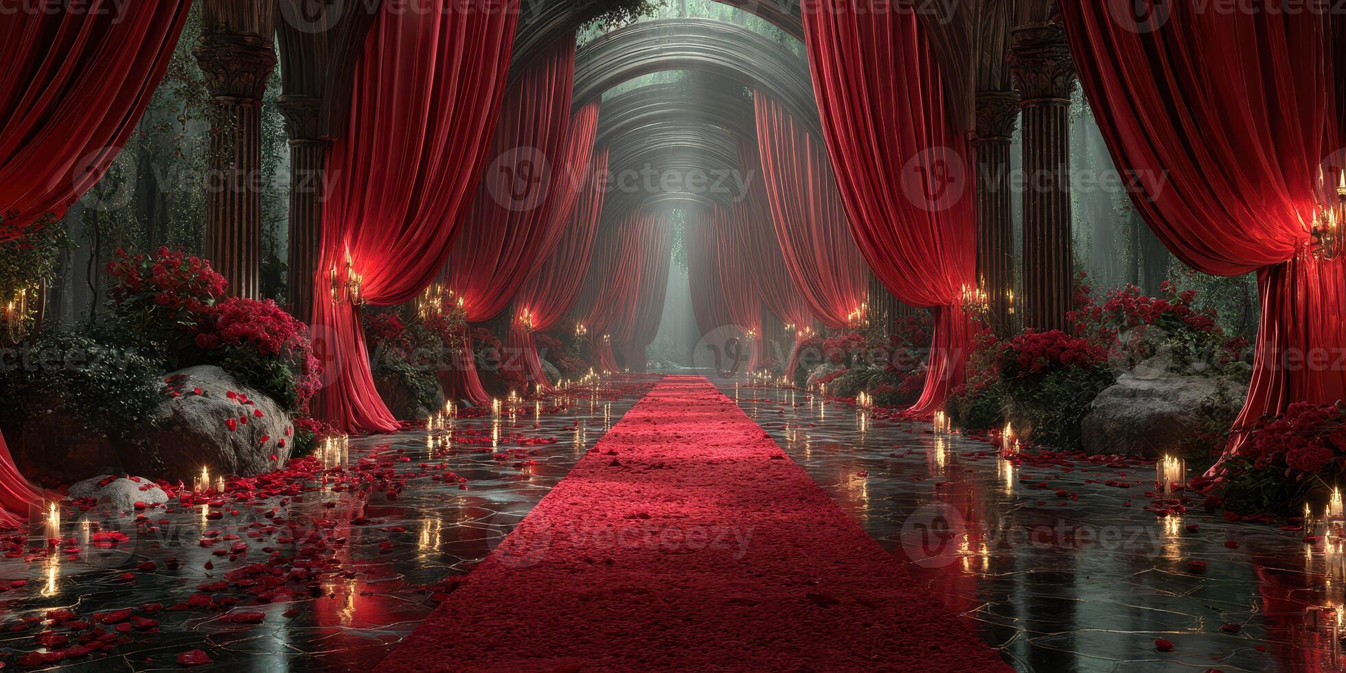 Elegant red-themed corridor with luxurious decor and romantic lighting during an evening event photo