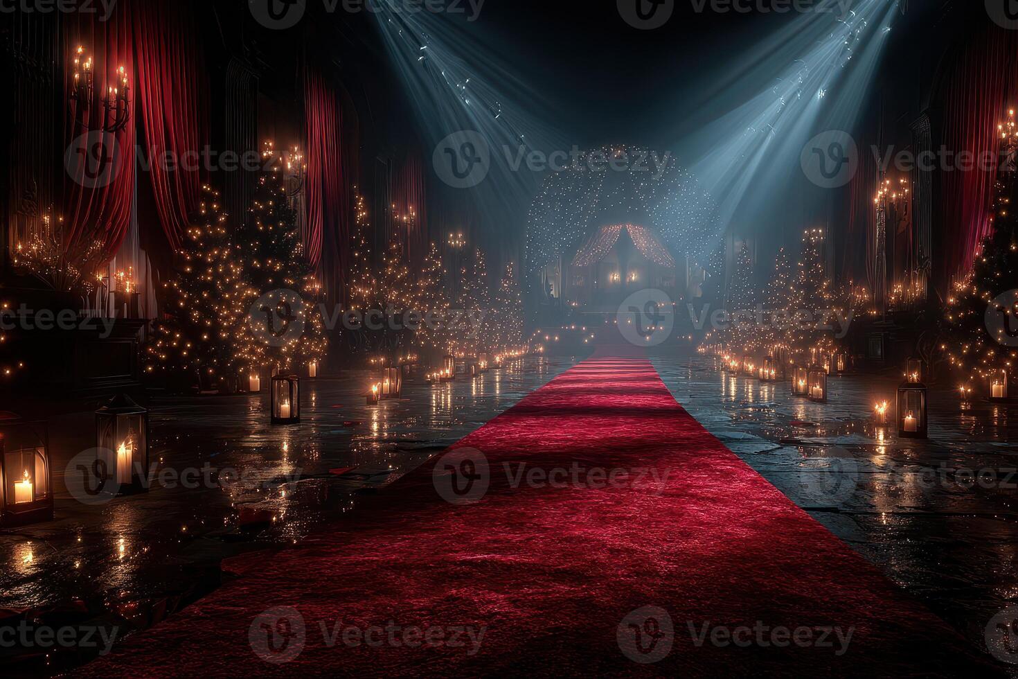 Elegant red carpet leading to a grand stage illuminated by soft candlelight during a festive evening celebration photo