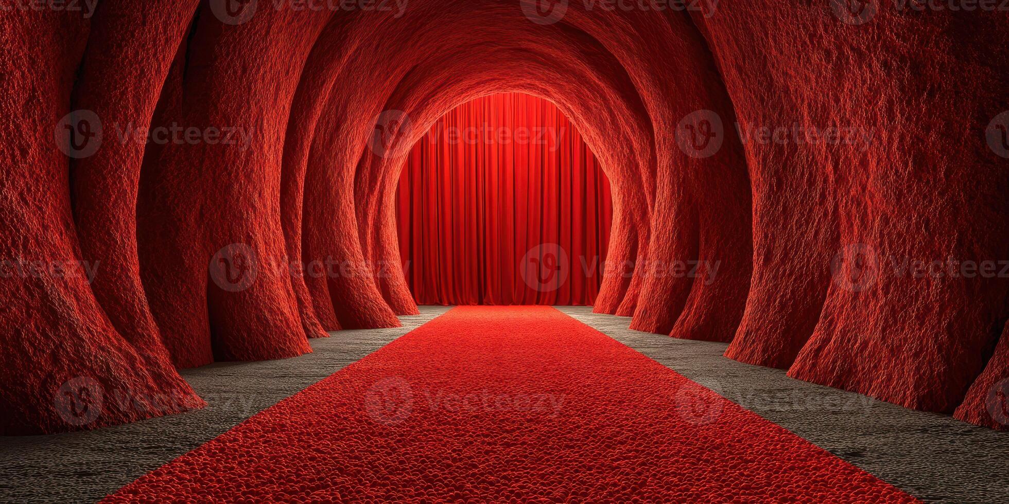 Dramatic red tunnel leading to curtains creates an intriguing entrance for events or performances photo