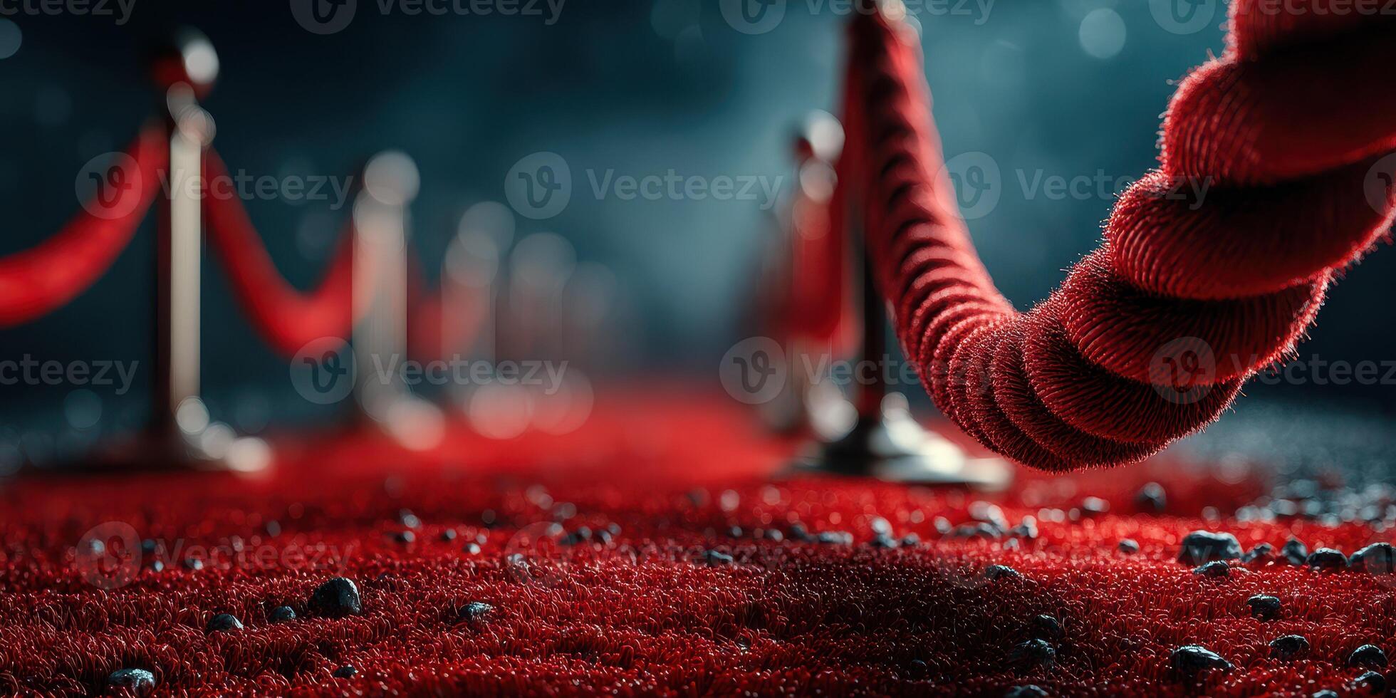 Red carpet leading to an elegant event surrounded by velvet ropes at night photo
