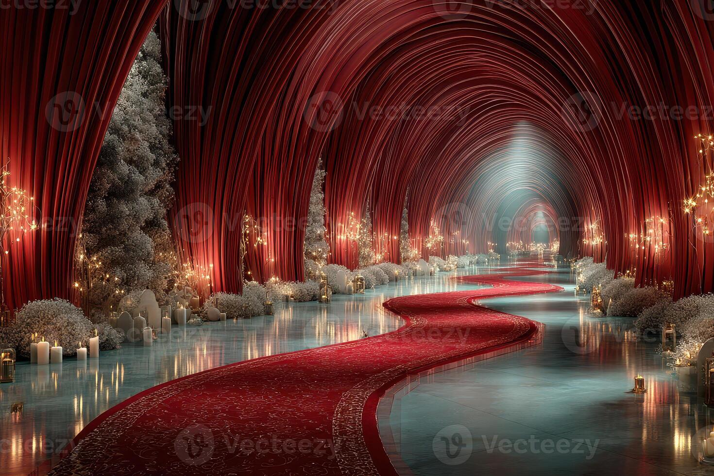 Elegant hallway adorned with red curtains, sparkling lights, and festive decorations, creating a magical atmosphere for an event photo