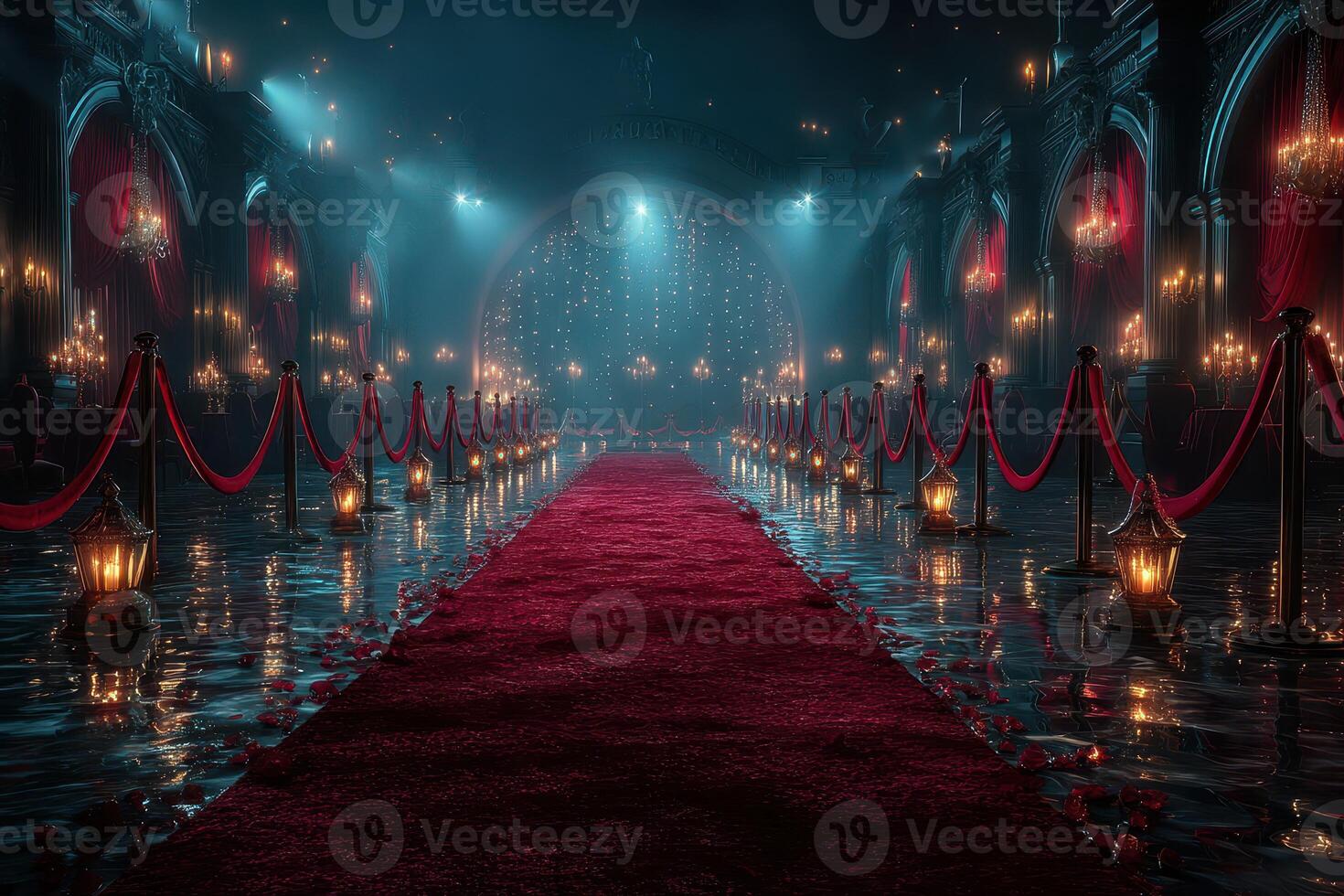 Elegant red carpet venue illuminated by soft lantern light in an opulent setting at night photo
