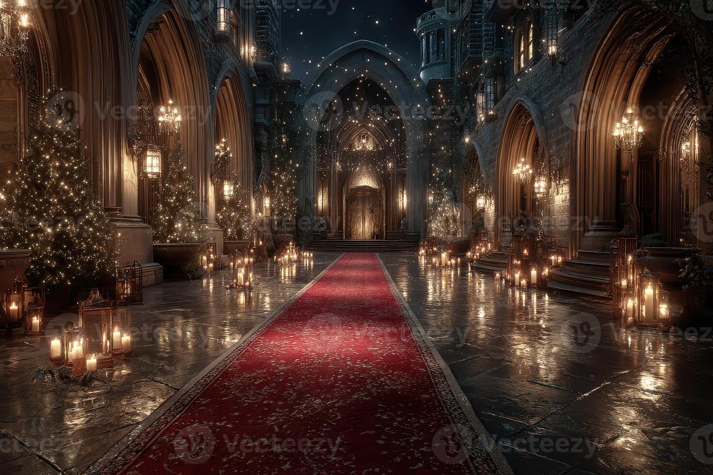 Elegant hallway in a historic castle adorned with candles and festive decorations during a winter night event photo