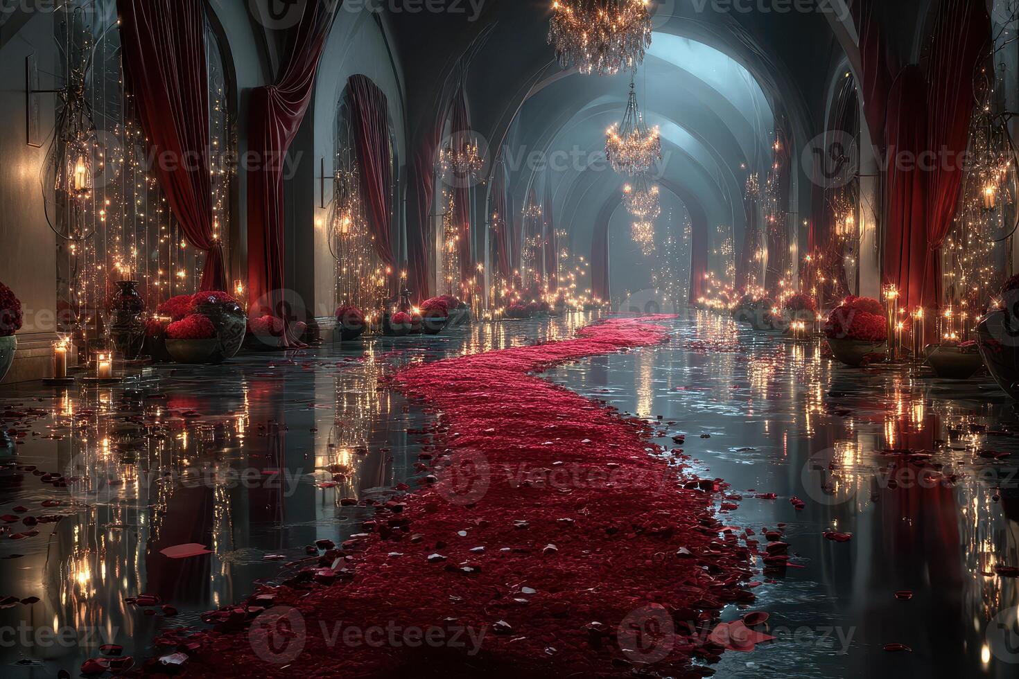 Elegant red carpet adorned with rose petals and candles in a grand, dimly lit hall during a romantic evening event photo
