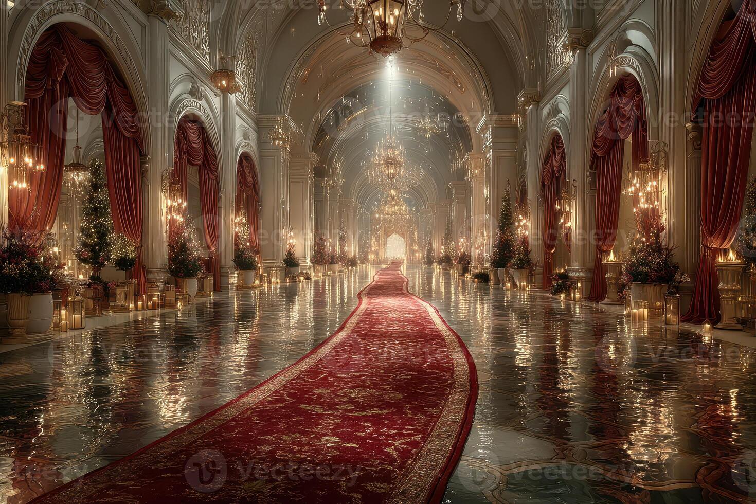 Elegant hall with ornate decor and reflection in dim light during a formal event photo