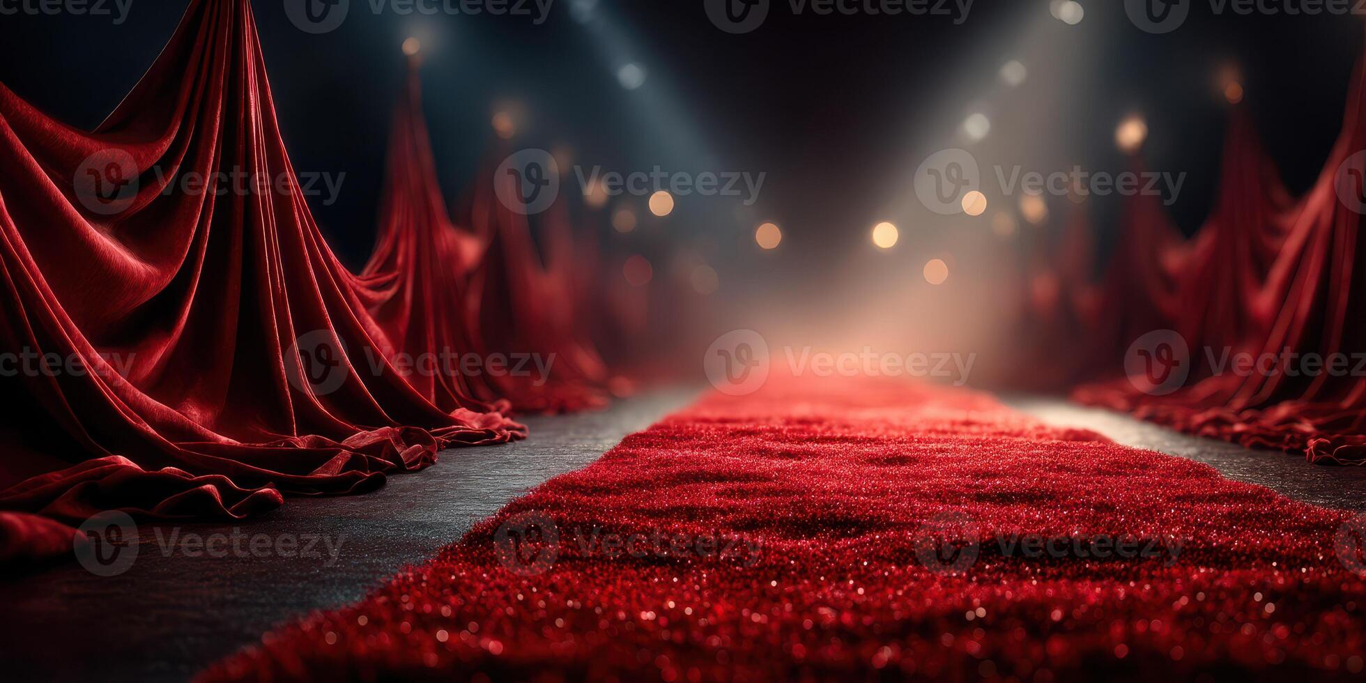 Elegant red carpet set for a glamorous event in an intimate venue with spotlight beams illuminating the decor and atmosphere photo