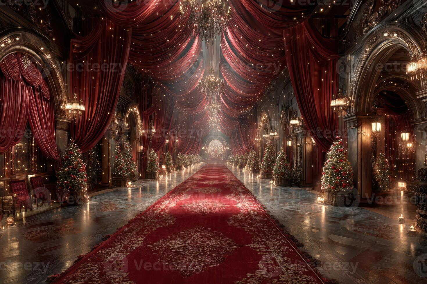 Elegant winter wonderland interior with festive decorations and warm lighting during a holiday celebration photo