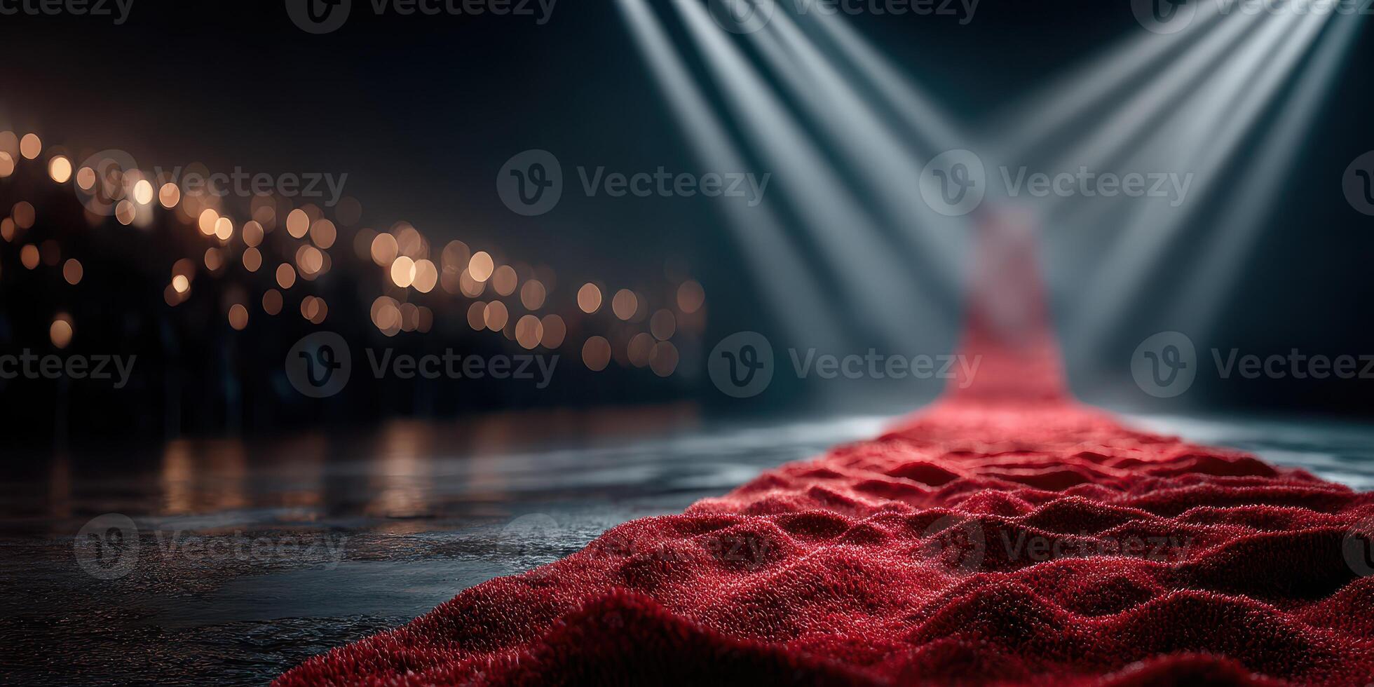 Elegant red carpet leading to a stage illuminated by bright spotlights in a dark venue during a glamorous event photo