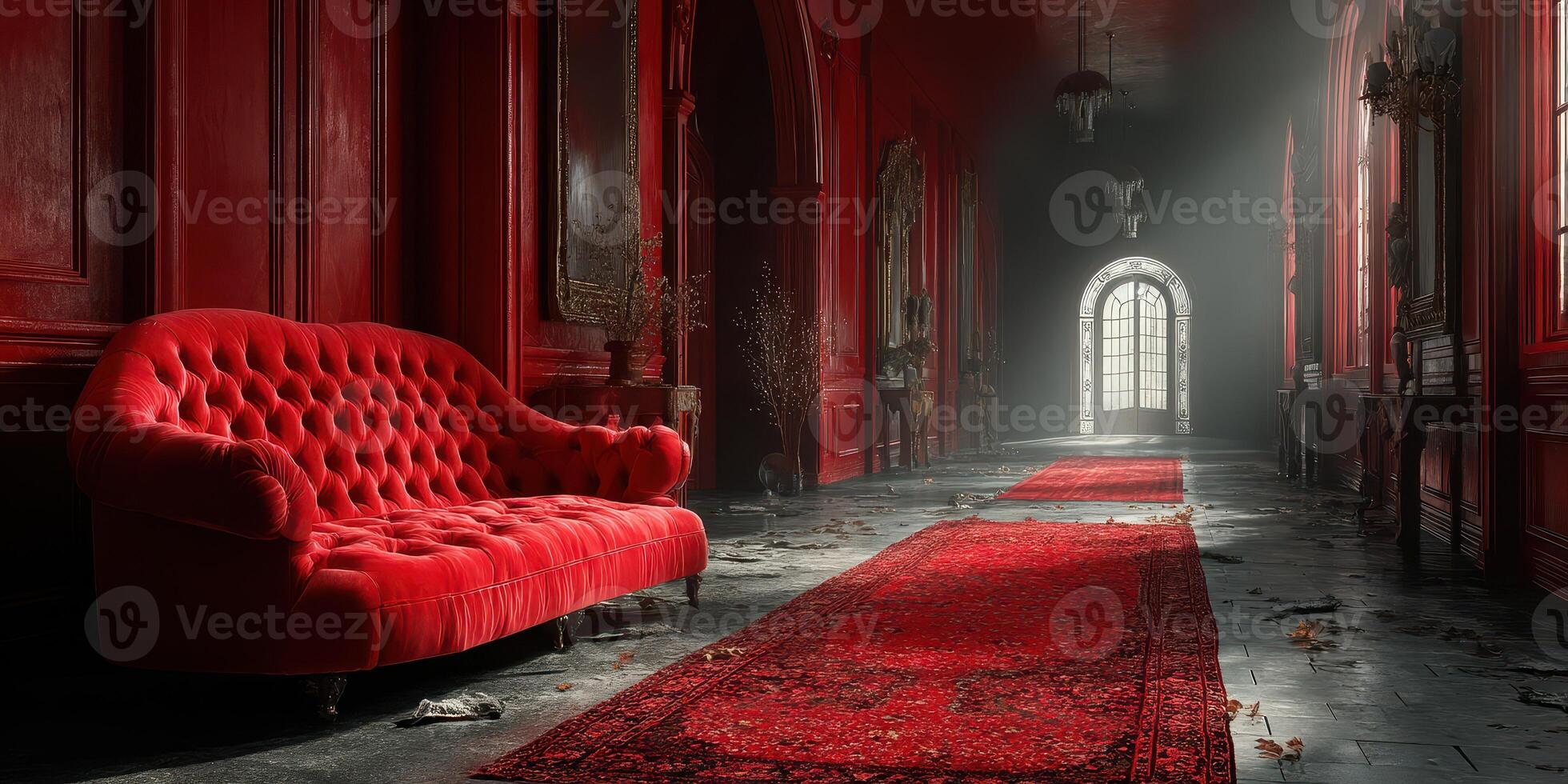 Elegant red sofa in hallway of grand old mansion with dim lighting and mysterious ambiance photo