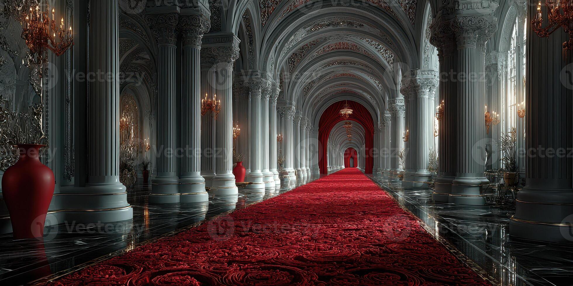 Luxurious corridor with red carpet and elegant architecture at a grand venue photo