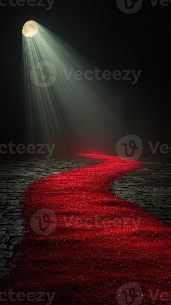 Moonlit path illuminated by soft light leading through darkness, with a striking red trail in a mysterious setting photo