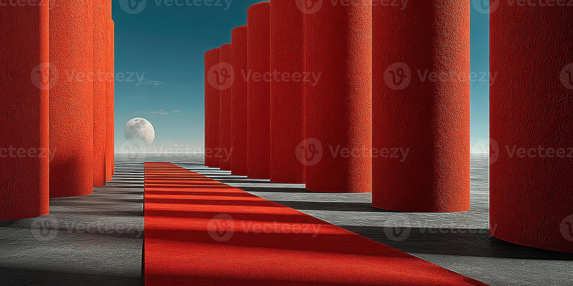 Modern red pillars line a striking pathway under a glowing moonlit sky during dusk in a surreal landscape photo