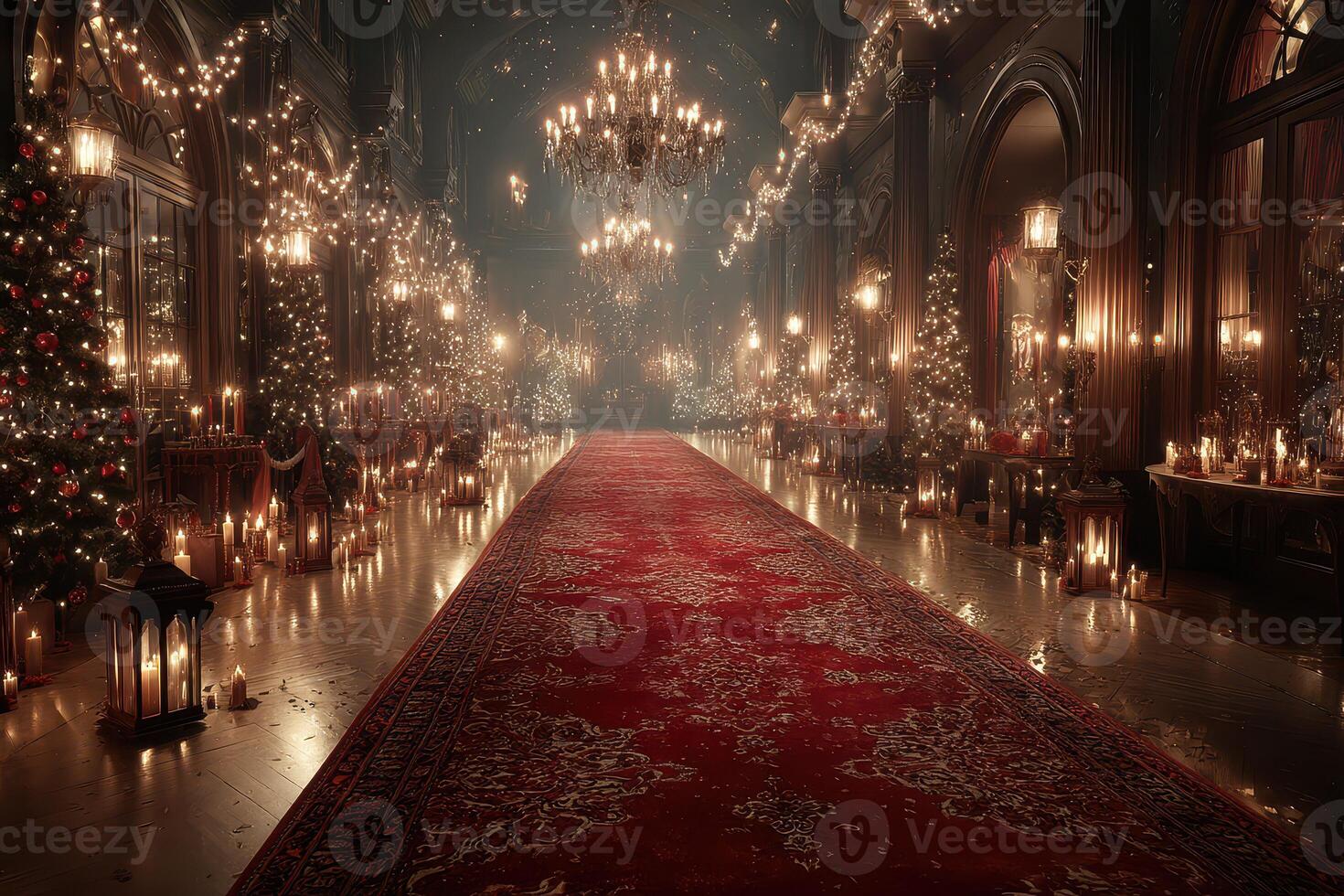 Elegant winter celebration with festive decorations, candles, and a red carpet in a grand hall filled with Christmas spirit photo