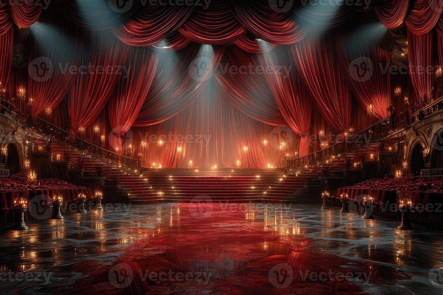 Elegant theater interior with red curtains and soft lighting creating a dramatic atmosphere for performances photo