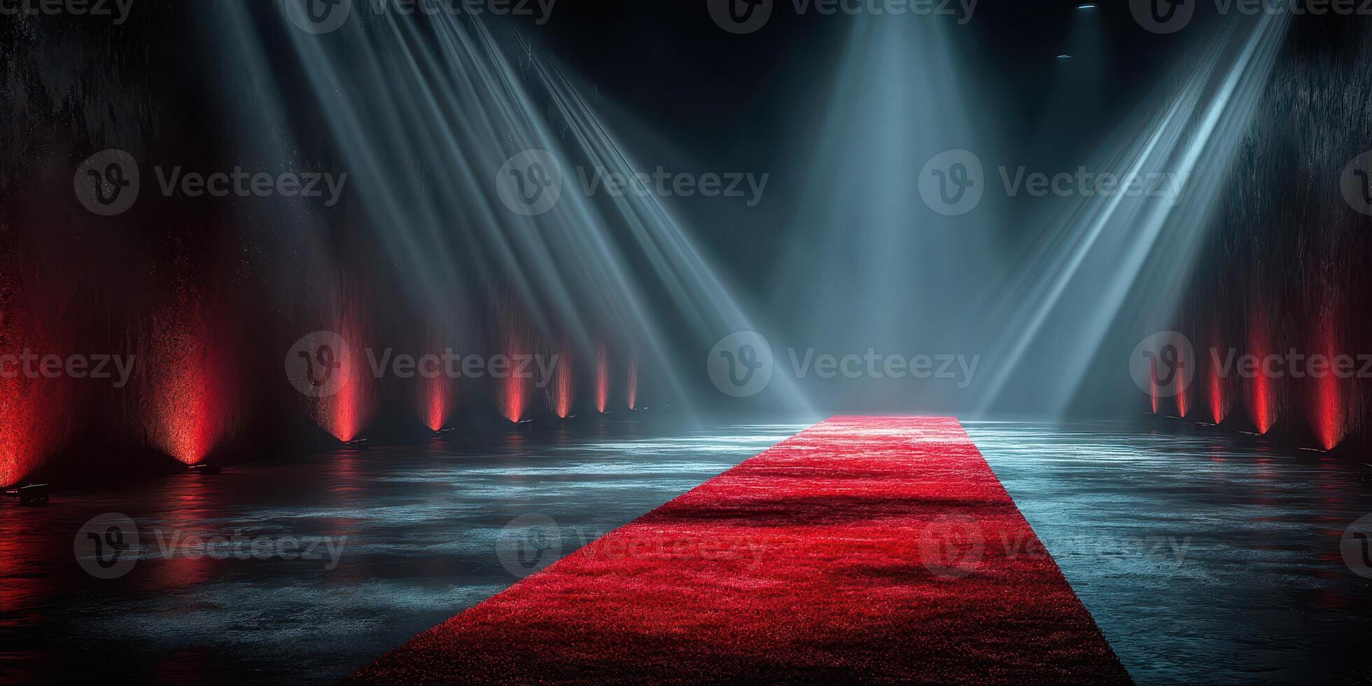 Illuminated red carpet pathway in a dimly lit hall with dramatic lighting effects photo