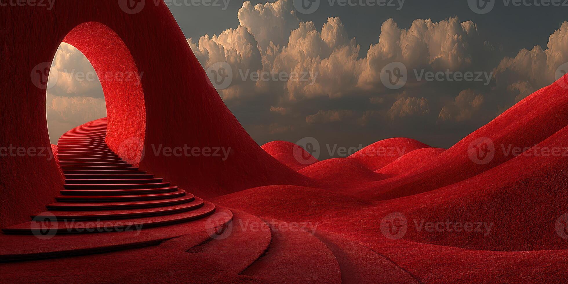 Artistic landscape features red hills and winding steps under a dramatic cloudy sky in a surreal environment photo