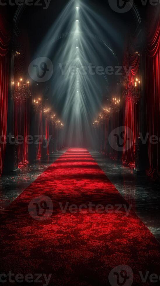 Elegant red carpet pathway illuminated by soft lights in a grand indoor setting with dramatic curtains photo