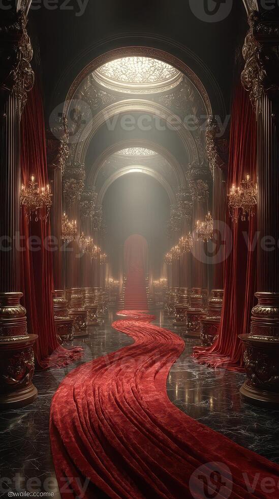Opulent indoor hall with red carpet, ornate chandeliers, and luxurious decor creates a majestic atmosphere in soft lighting photo
