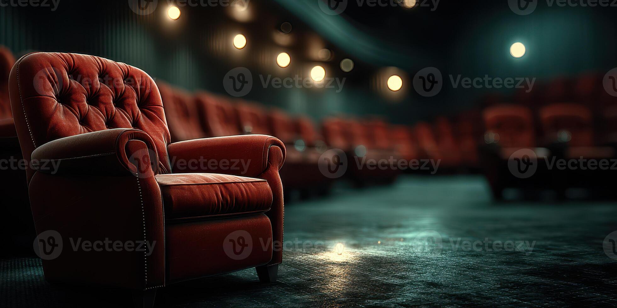 Empty red chair in a dimly lit theater with rows of seats and ambient lighting creating a cozy yet eerie atmosphere photo