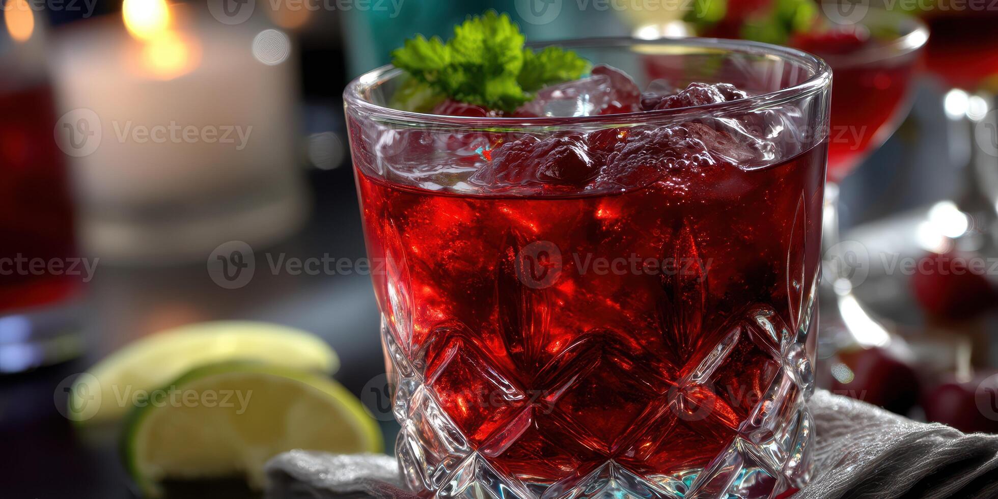 Refreshing cocktail served in a crystal glass with garnishes during evening gathering at a cozy bar setting photo