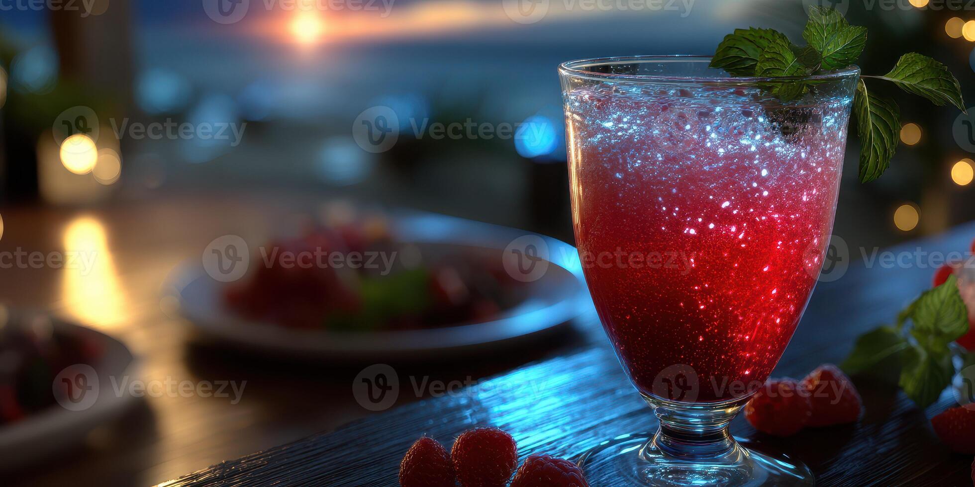 Refreshing raspberry drink illuminated by evening lights near the beach with a vibrant sunset backdrop photo