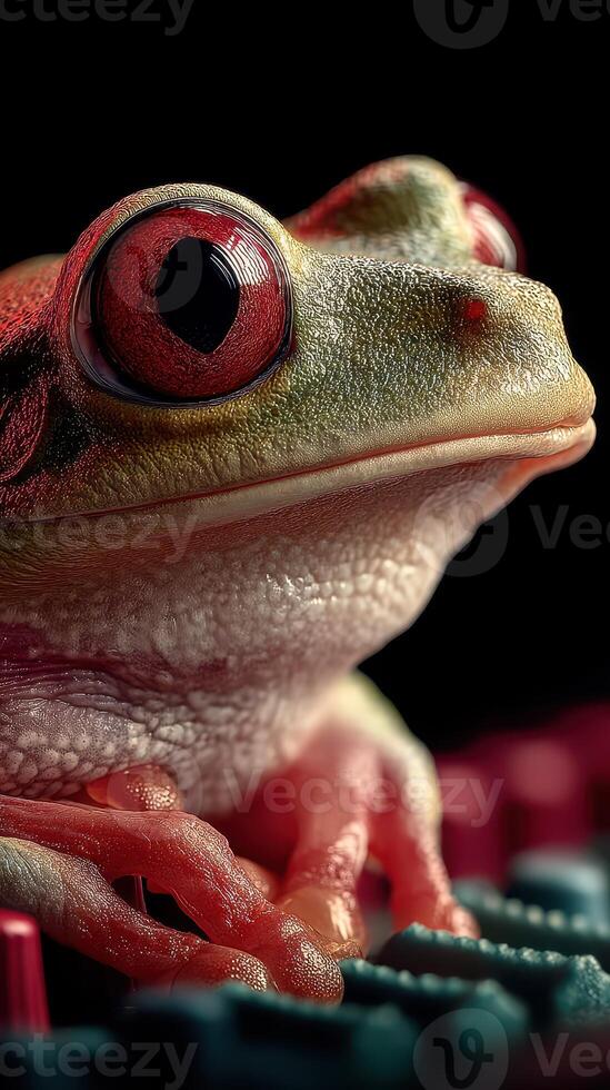 Close-up of a vibrant red-eyed tree frog resting on a colorful surface at night photo