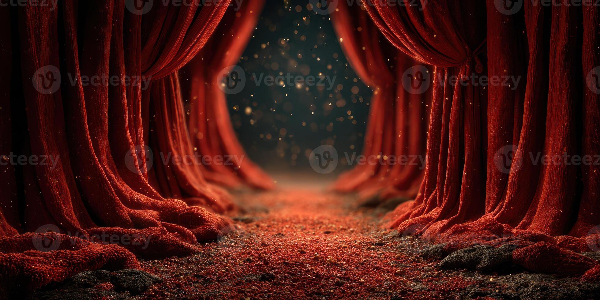 Red velvet curtains frame a mysterious path leading to an enchanted atmosphere in a dimly lit theater during the evening photo