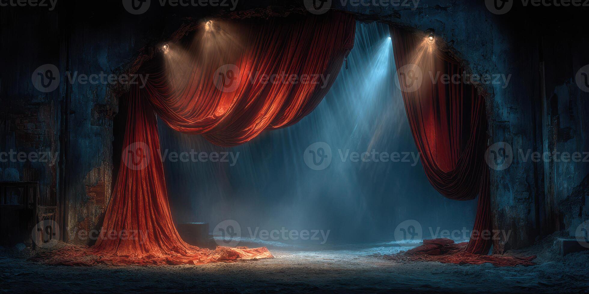 Dramatic theater stage with red curtains and blue lighting creating an atmospheric low-light effect photo