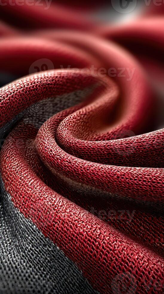 Woven fabric showcasing intricate texture and vibrant red and gray tones in close-up view photo
