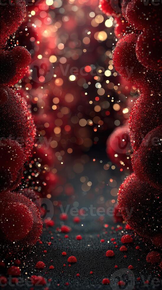 Delicate red spheres and glimmering light spark create an enchanting atmosphere in a dreamy setting photo