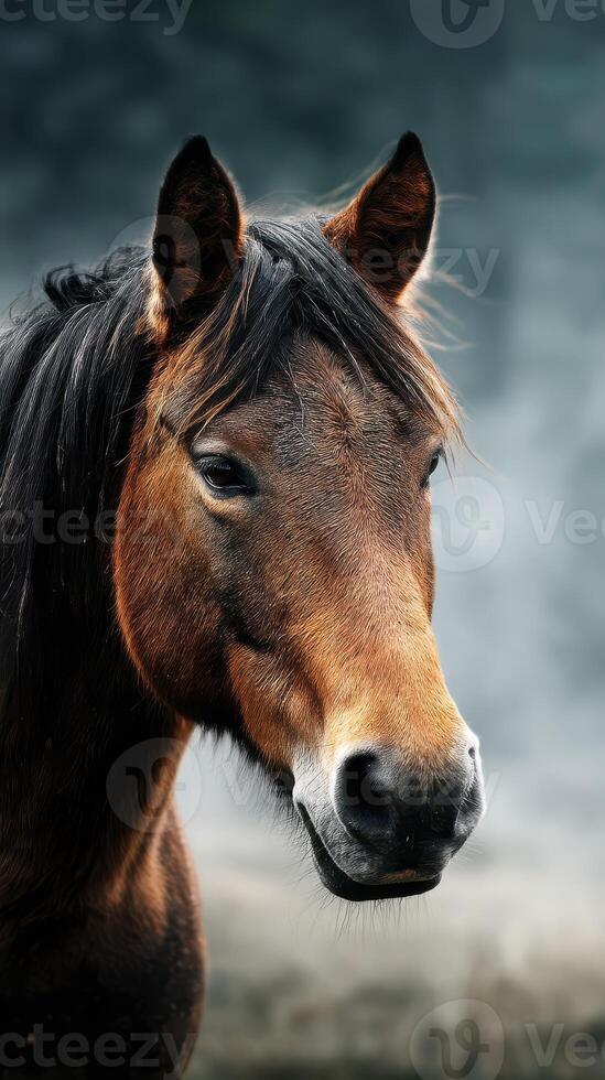 Majestic horse portrait captured in soft light on a cool day in a tranquil countryside setting photo