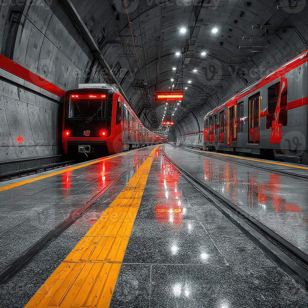Subway station illuminated by red accents during quiet hours with trains waiting at platforms photo